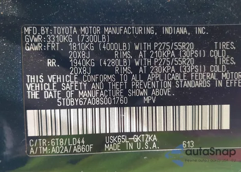 2008 Toyota Sequoia Platinum 5.7L V8 из США, поврежденный, VIN 5TDBY67A08S001760